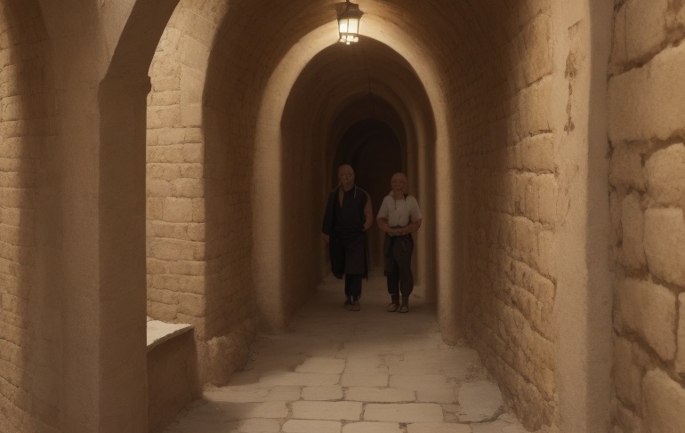 DreamShaper_v7_two_guys_with_blond_hair_in_tunel_in_ancient_ti_1