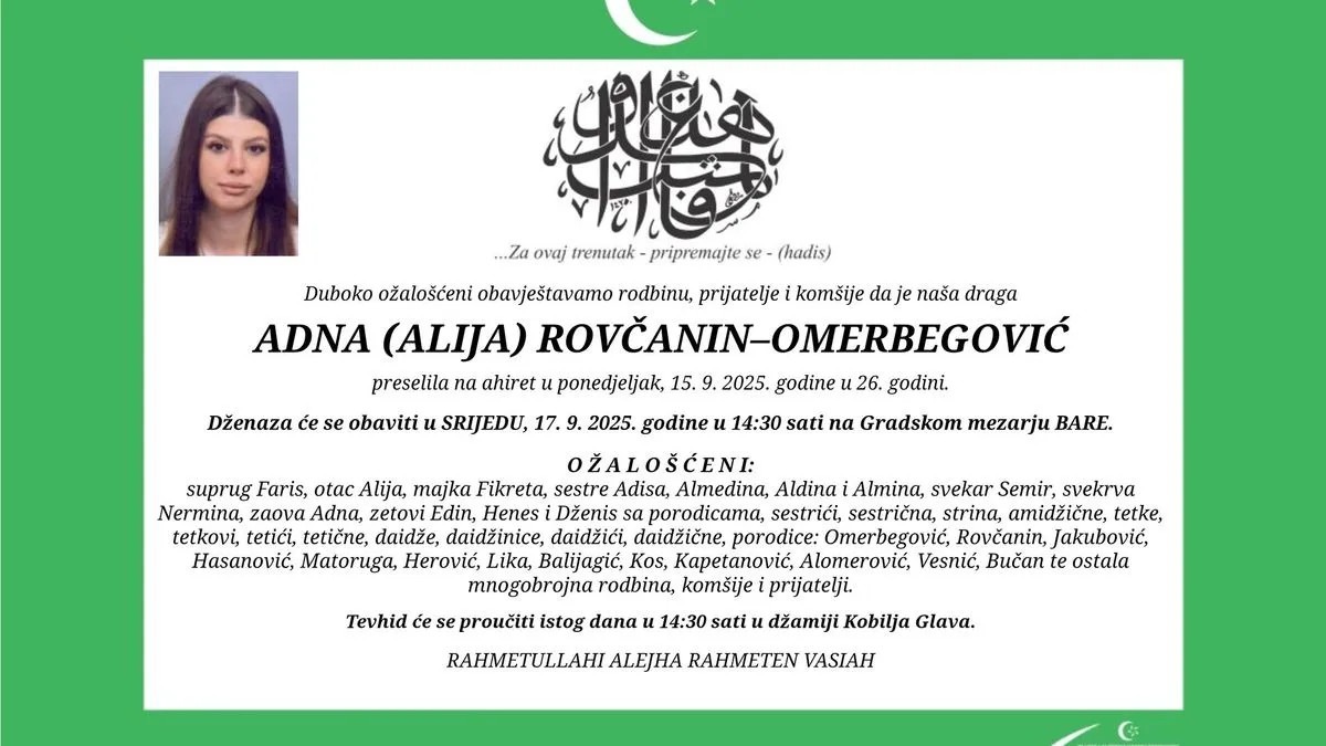 Sarajevo nijemo plače: Poznato vrijeme dženaze Adni, preminuloj dva dana nakon vjenčanja - featured image