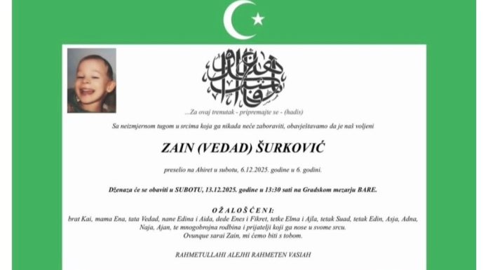 TUGA U SARAJEVU Preminuo šestogodišnji Zain Šurković TUGA U SARAJEVU Preminuo šestogodišnji Zain Šurković - featured image