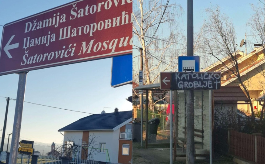 Sraman čin: Oštećen putokaz koji je upućivao na džamiju, preko ispisano Sraman čin: Oštećen putokaz koji je upućivao na džamiju, preko ispisano