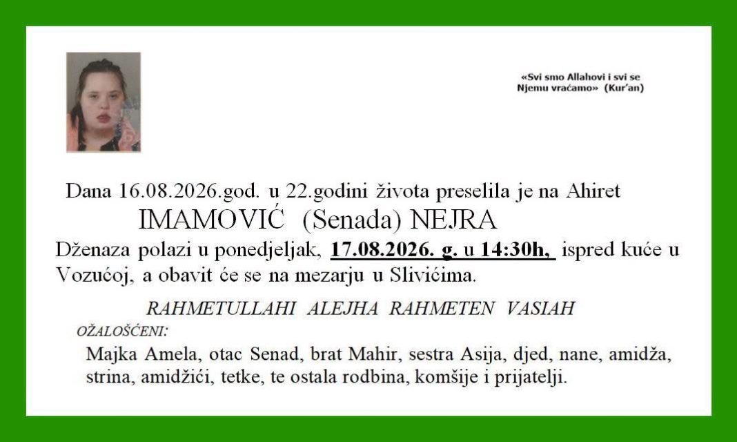 DA TI SRCE PUKNE: U 22. godini preselila na Ahiret Nejra Imamović - featured image