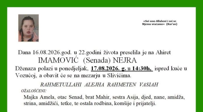 DA TI SRCE PUKNE: U 22. godini preselila na Ahiret Nejra Imamović DA TI SRCE PUKNE: U 22. godini preselila na Ahiret Nejra Imamović - featured image